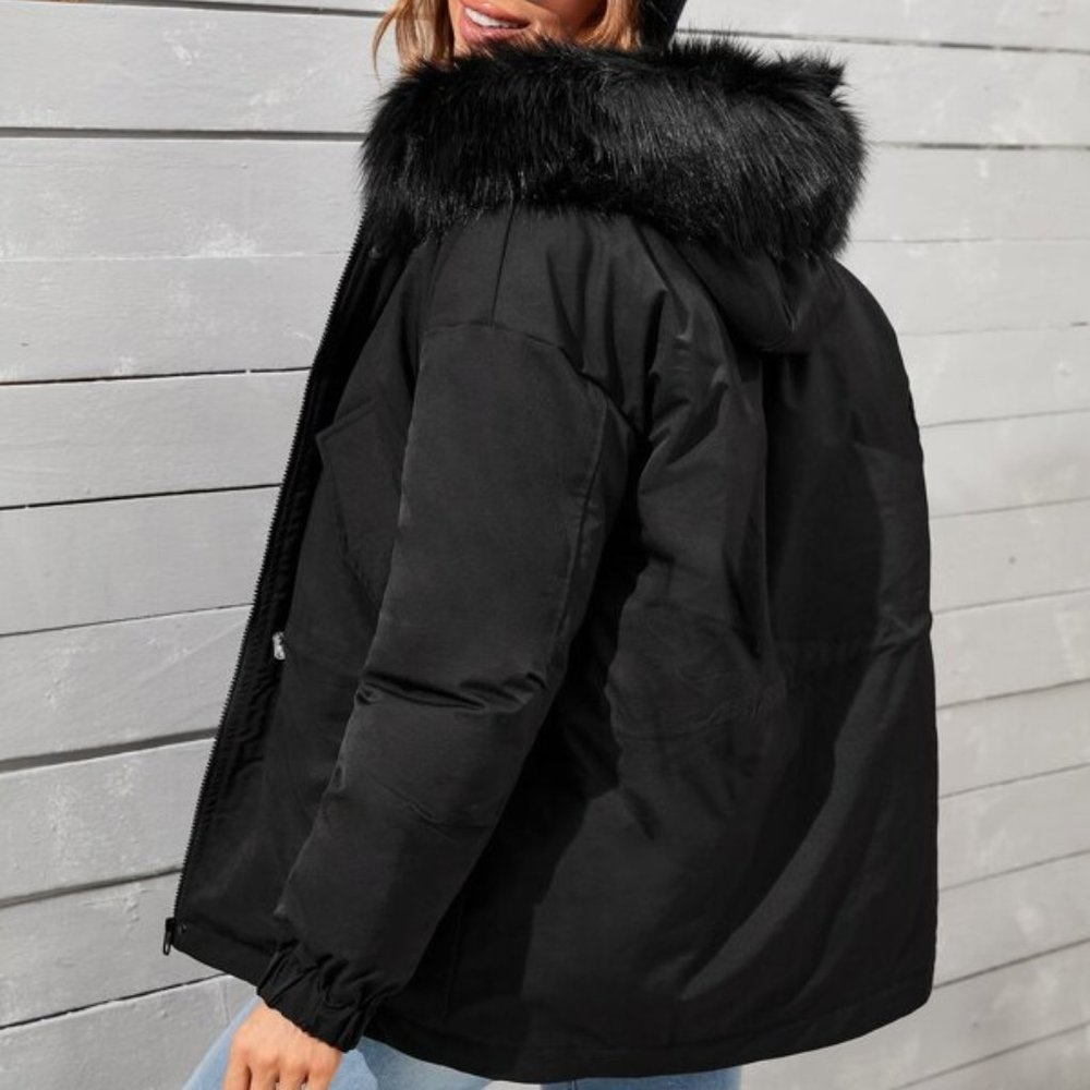 Contemporary Drawstring Waist Parka Winter Coat Black - Picture 3 of 9